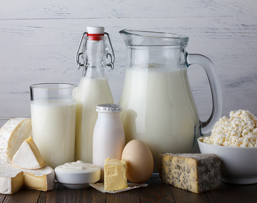 Dairy products on table.