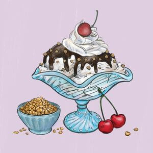 ice cream sundae with chocolate syrup and cherry on top